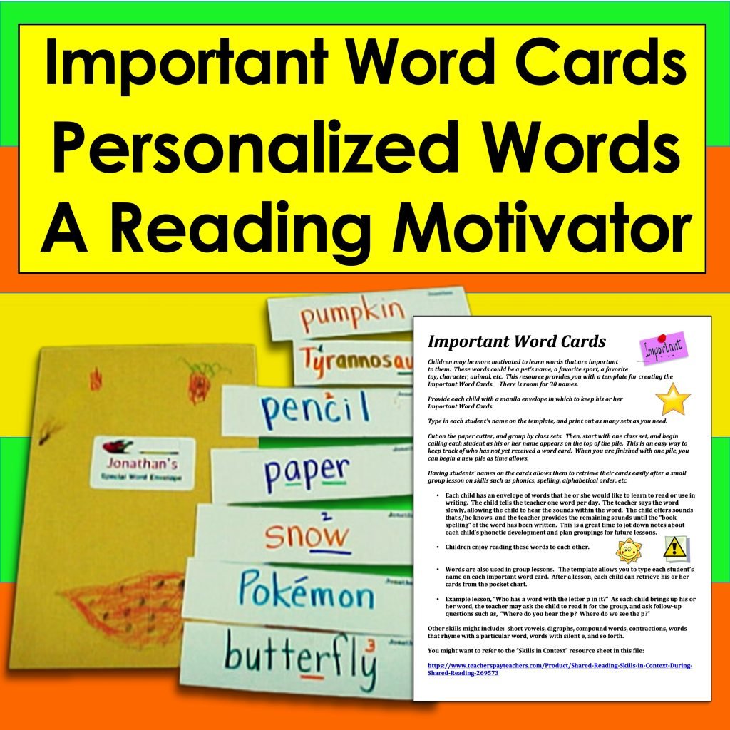 post ti Important Word Cards : Reading Motivators: Personalized Reference Important Word Cards